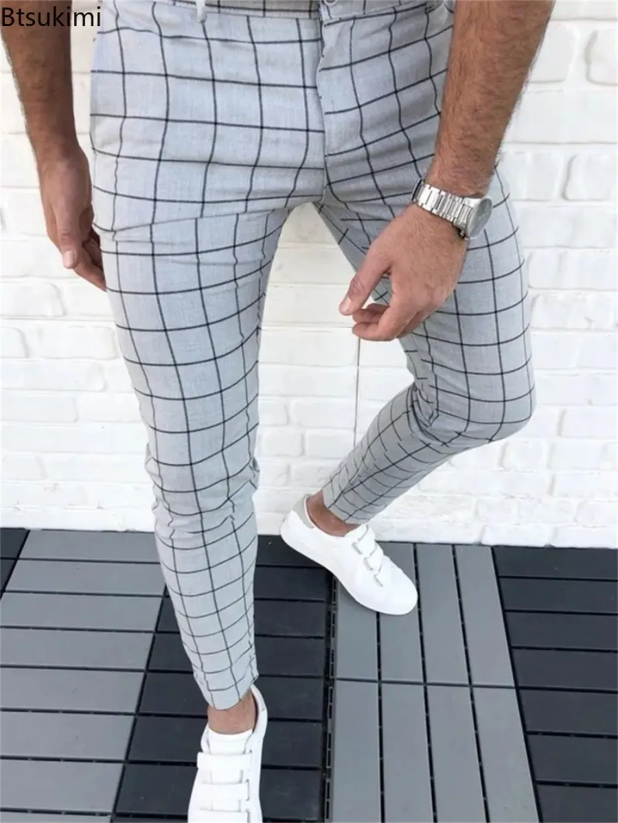 

2025 Men's Four Season Fashion Business Casual Trouser Classic Plaid Print Straight Suit Pants Men Running Workout Joggers Pants