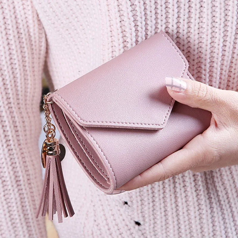 Women Short Tassel PU Leather Wallet Fashion Purse Female Mini Wallets Color Lovely Purse Female Small Folding Wallet for Girls