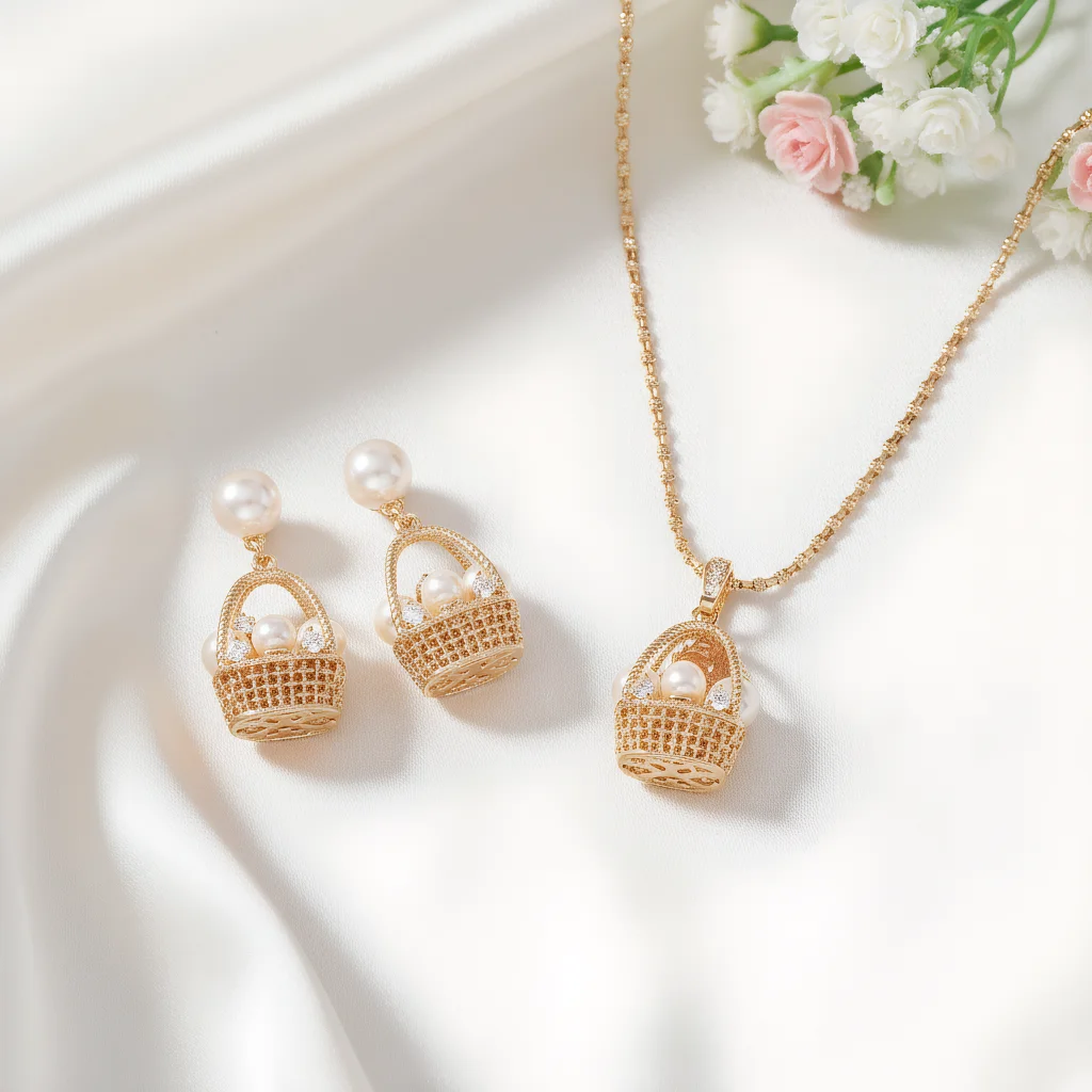 3pcs Elegant Vintage Jewelry Set for Women Hollow Flower Basket Necklace Shiny Crystal Choker Bridal Wedding Earrings Party