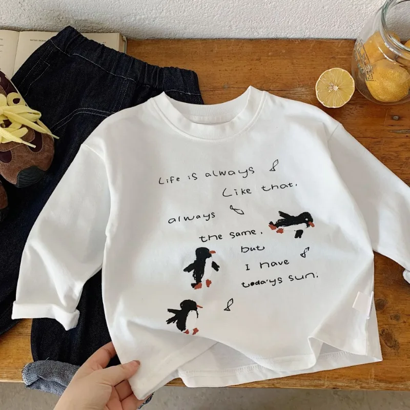 Simple Children's Clothing New Toddler Alphabet Penguin T-shirt Korean Style A-class Base Shirt Boys Girls Round Neck Pullover