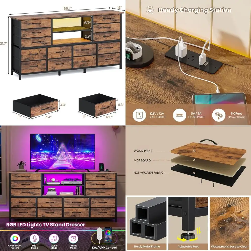 

65 TV Stand with LED Lighting, Charging Port & 14-Drawer Media Console for Living Spaces
