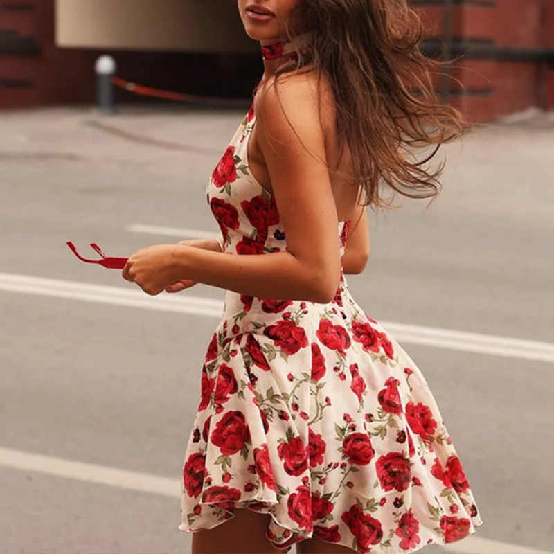 BKLD – robe courte trapèze, Sexy, imprimé Rose douce, col en V, taille haute, sans manches, dos nu, Chic, Vintage, vacances, Streetwear