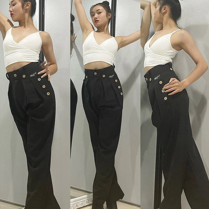 New Latin Dance Pants Women High Waist Black Ballroom Dance Trousers Adult Practice Clothes Cha Cha Rumba Dance Wear DNV18806