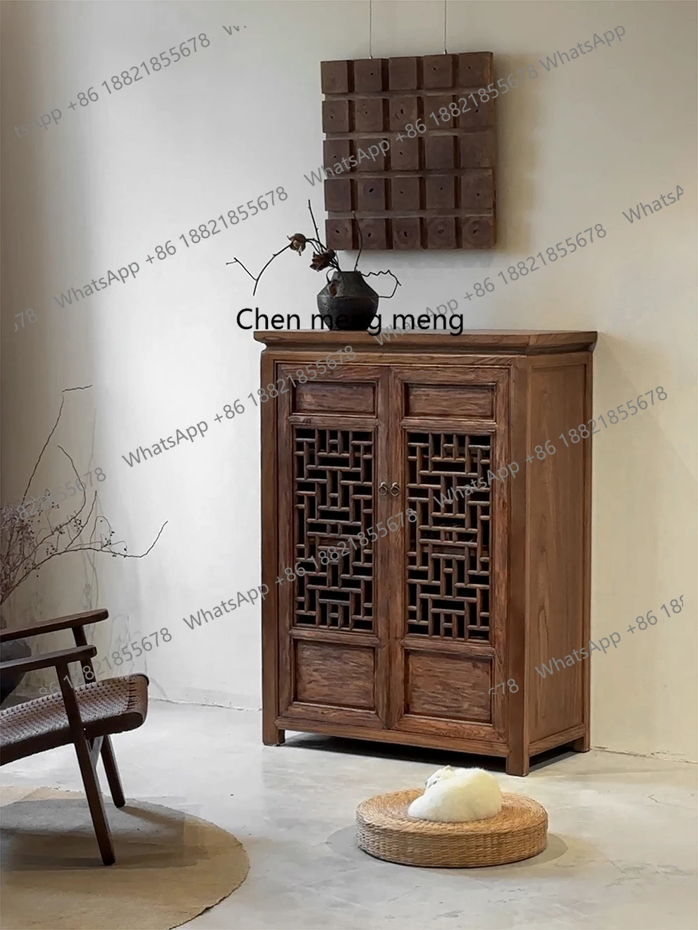 

Wabi Sandy wind solid wood carving flower and dining side cabinet old elm Chinese lace side cabinet old wood storage cabinet