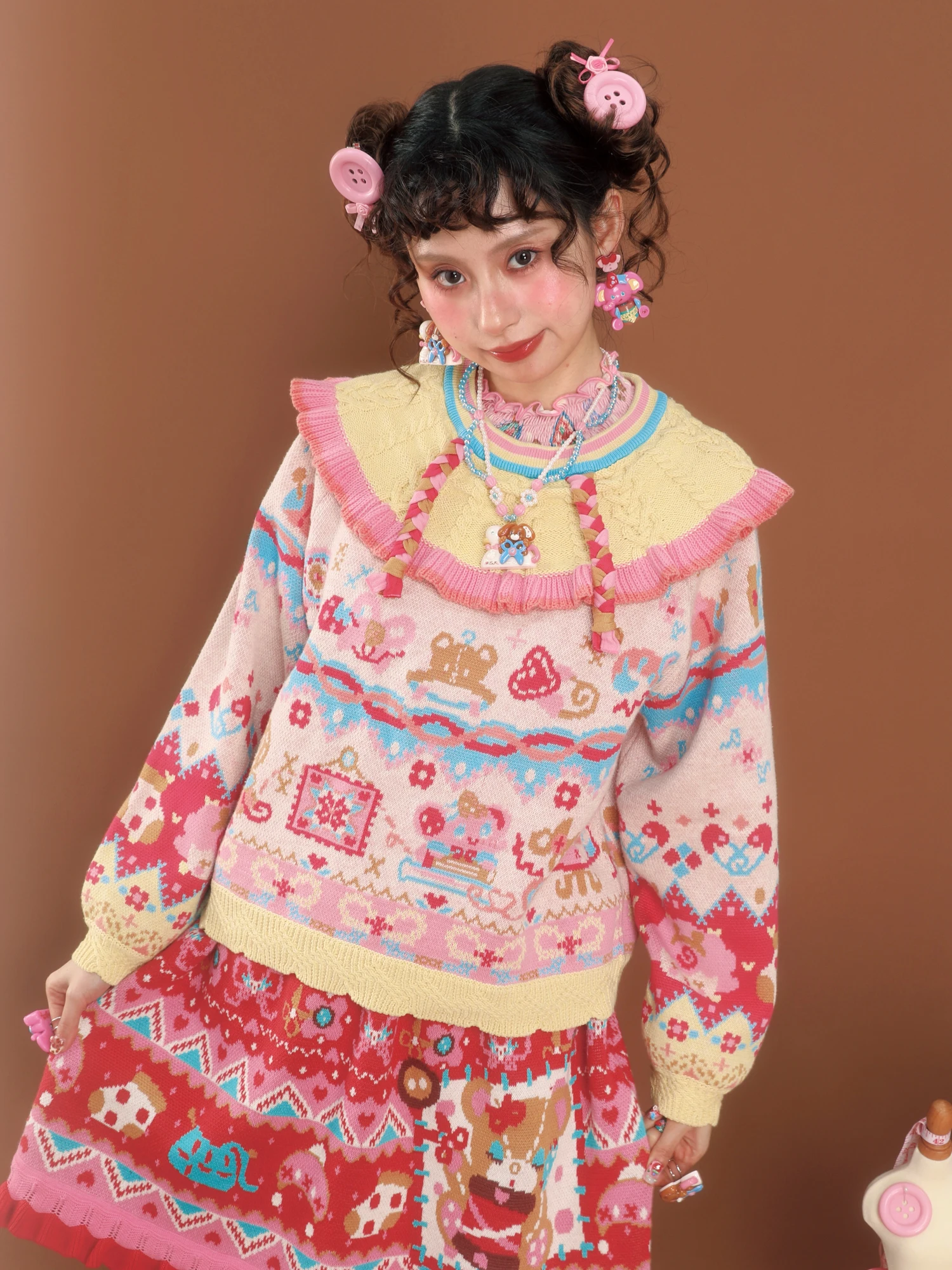 

Вязаный свитер LutraJump Retro Sle с цветочным узором, воротником-стойкой и длинными рукавами, универсальный, с цветовыми блоками