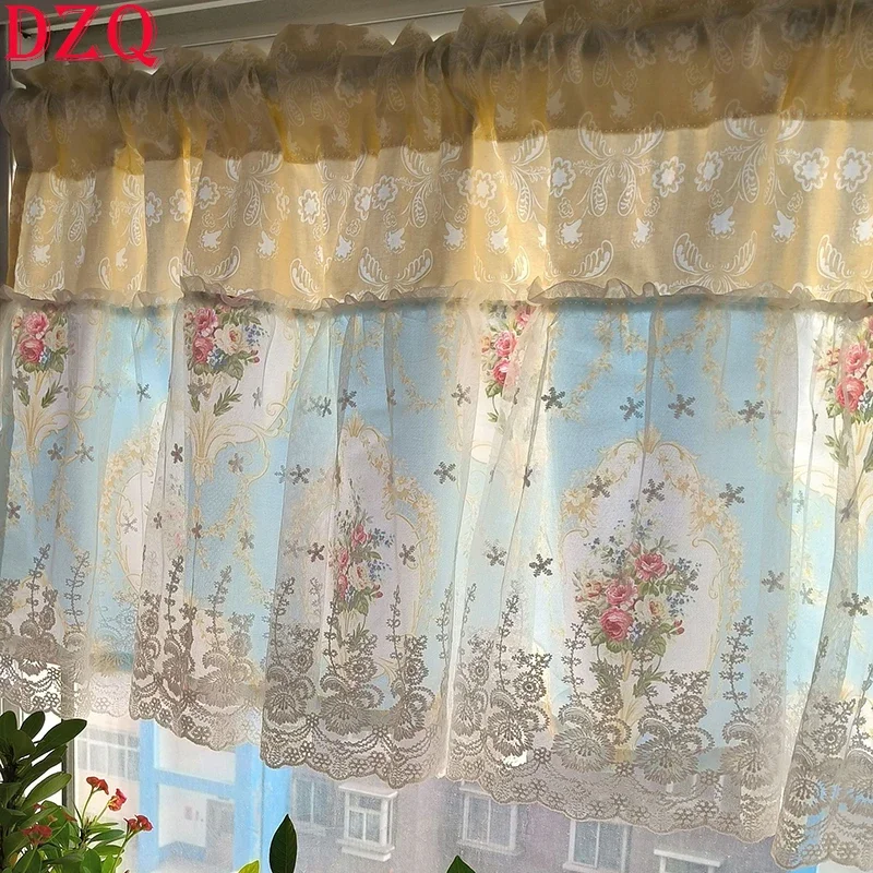 

Double Layer Korean Flowers Short Curtains Cloth for Living Room Japanese Pastoral Floral Lace Half Curtains for Kitchen #A518