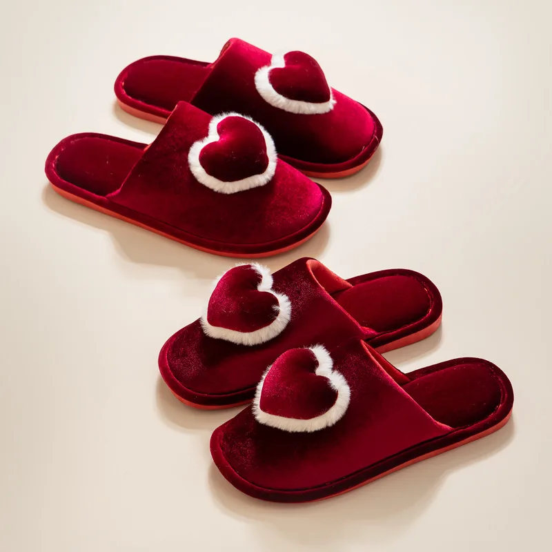 A Pair of Festive Red Wedding Women's Slippers for Winter,A Pair of High-end Morning Gowns,and Cotton Slippers for Wedding Gifts