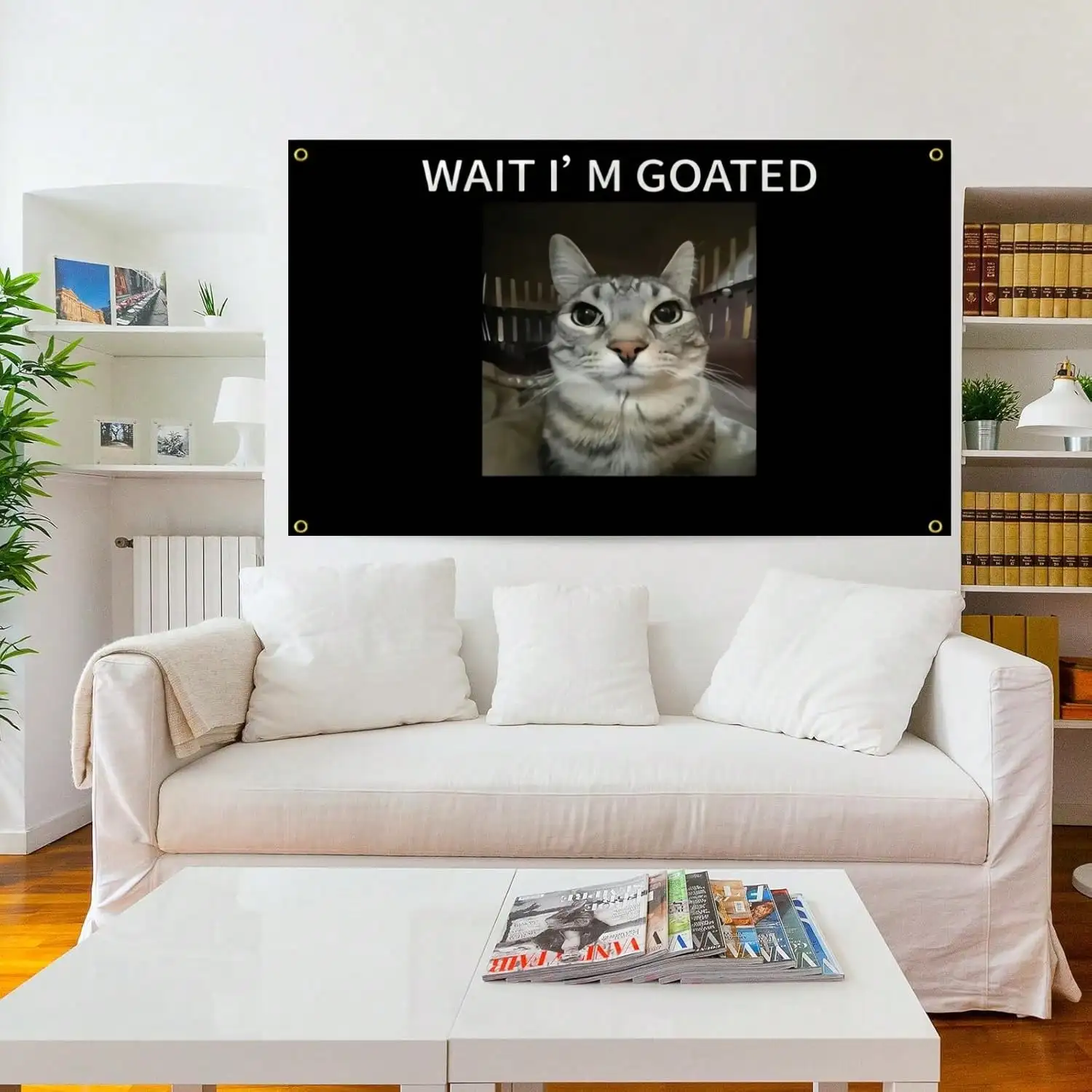1PC Room Decor Wait I'm Goated Funny Cat Banner, 3x5 Feet, Double-Lined Stitched Polyester Canvas With Brass Grommets, Indoor