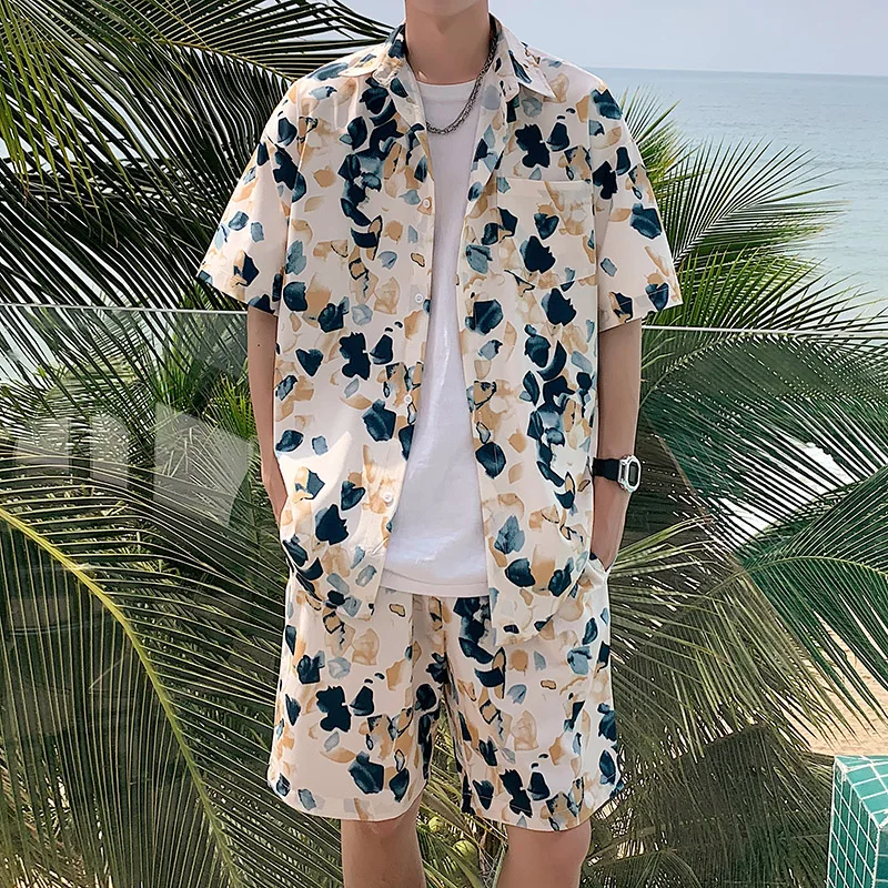 Summer Men Shorts Set Matching Shirts Letter Striped Floral Printing Outfits Short Sleeve Elastic Waist Thin Oversize Suit Man