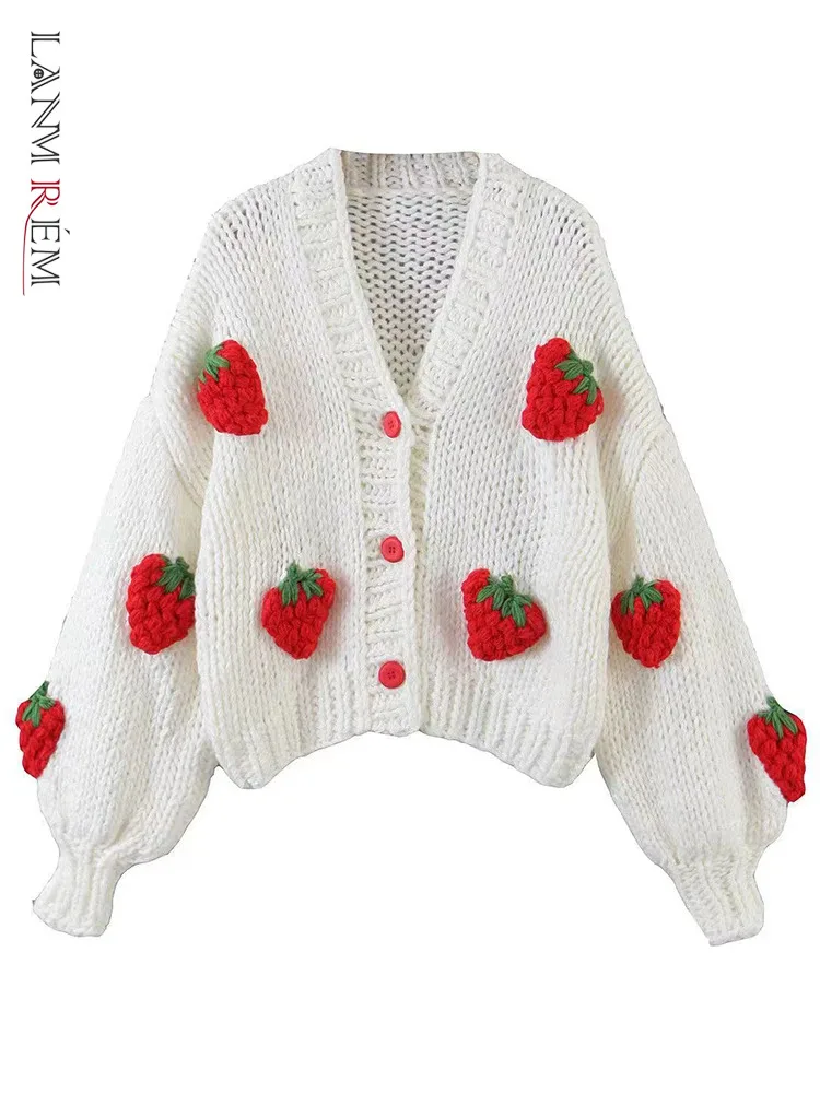 LANMREM Sweet Strawberry Knited Sweater Womne\'s V-neck Puff Sleeves Single Breasted Chic Sweaters 2024 Autumn New 2Z2352