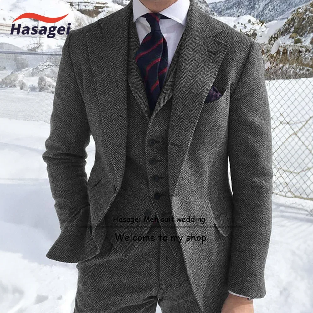 Fato de Tweed Espinha de Herringbone masculino, roupas esportivas formais, jaqueta, colete e calça, conjunto de três peças, casamento, inverno