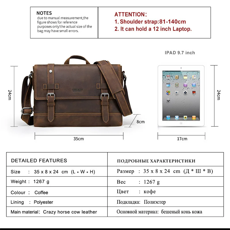 Vintage Genuine Leather Briefcase for Men Professional Business Messenger Bag Large Capacity Retro Office Shoulder Bag Durable