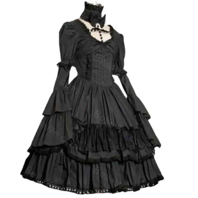 

Autumn Spring Long Puff Flare Sleeve Gothic Vintage Lace Light Lolita Dress Solid Black Ball Gown Dress Two Ways Wearing 2025