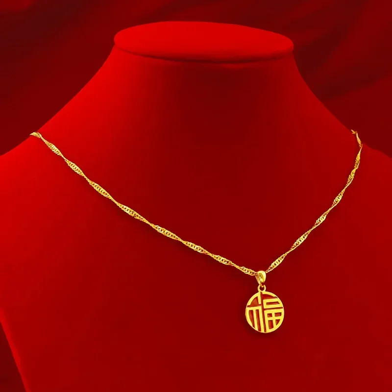 

24K Yellow Gold Blessing Necklace Fashion Collarbone Necklace Women, 9999 Real Gold Wedding Engagement Fine Jewelry Gifts