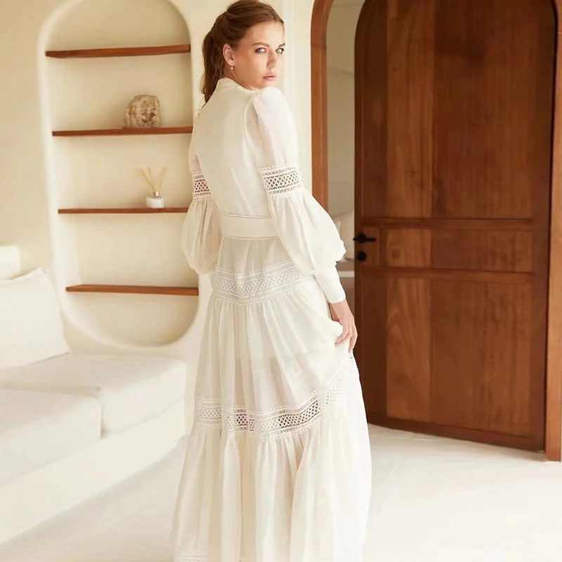 Ele Long Princ Dr with Stand Collar Hollow out Lace Pure Color A-Line Skirt Polyester Fabric Sweet Sle Women's Dr