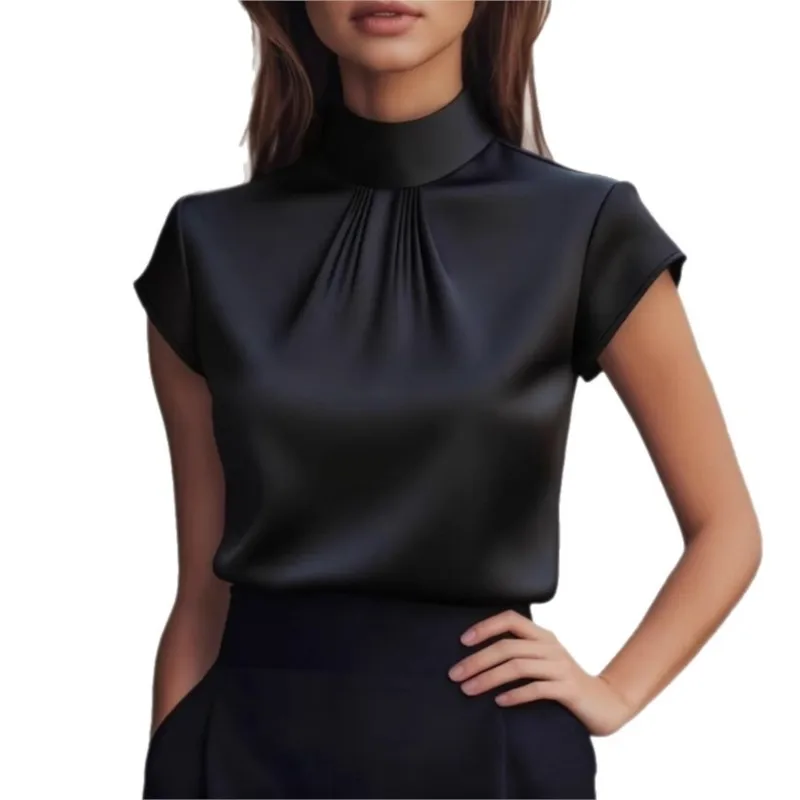 شعبية الملابس النسائية البلوزات الصيف جديد كلوبوير الساتان قصيرة الأكمام أعلى مطوي تصميم الأزياء قميص للنساء قميص بسيط #4