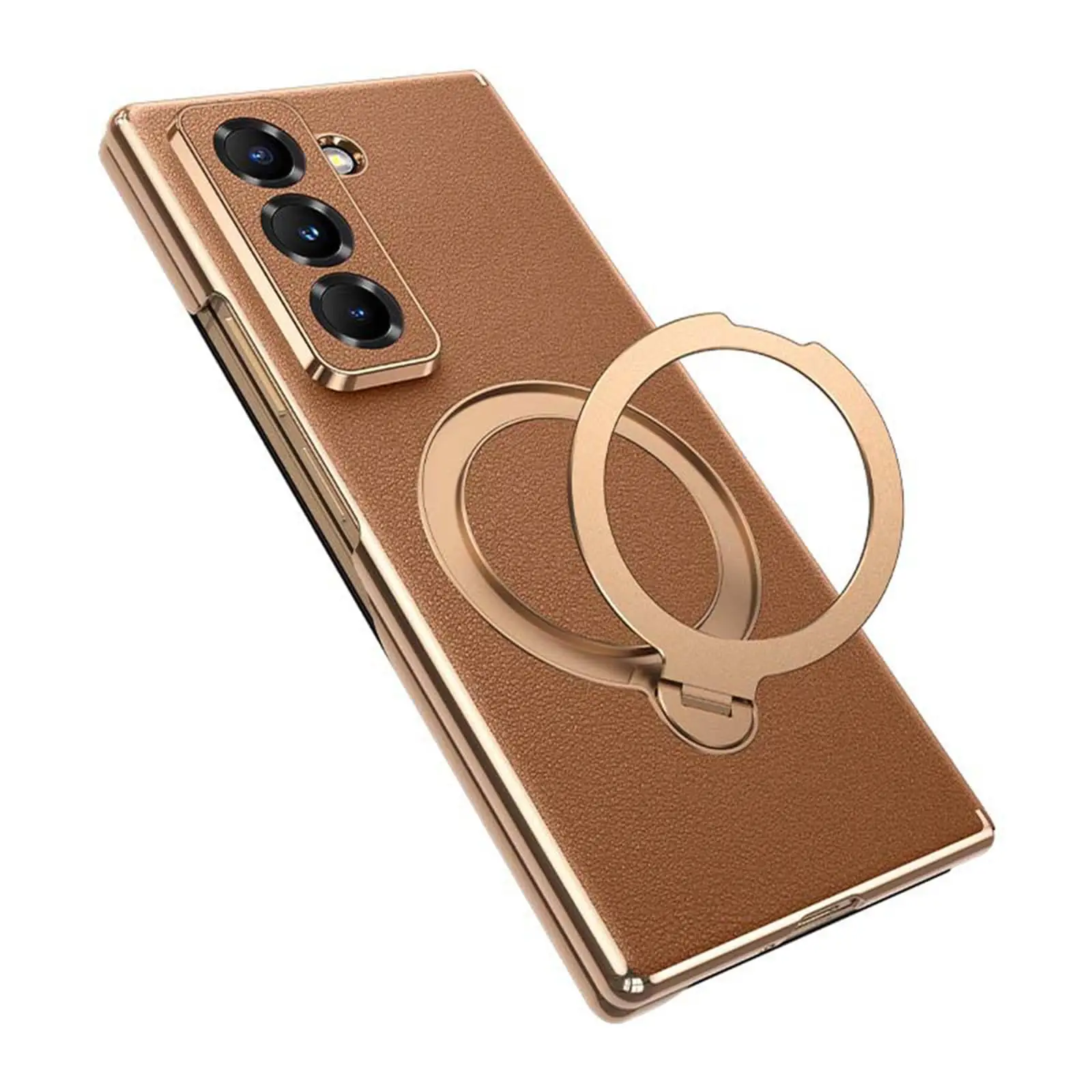 For Samsung Galaxy Z Fold 7 Flip Case Luxury Electroplated Leather Lens Protection Magnetic Ring Stand Cover