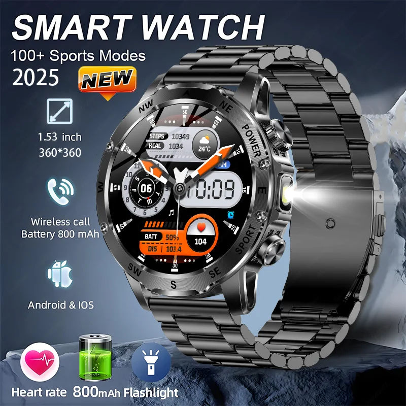 

2025 New Military outdoors 800mAh Battery Smart Watch compass Waterproof LED Flashlight Heart Rate Sports tracker Smartwatch Men