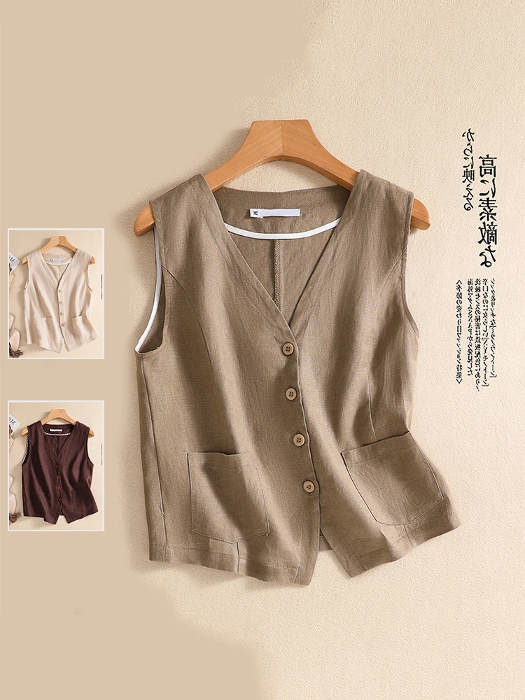 

Новый летний жилет из хлопка и льна в стиле ретро, женский свободный повседневный жилет с v-образным вырезом, верхняя одежда для отдыха