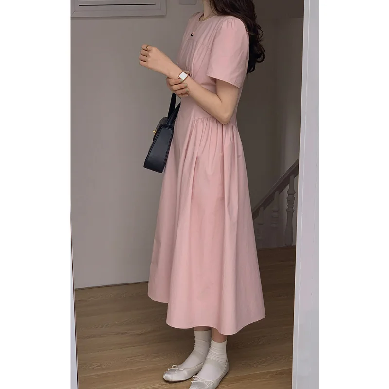 Blue Dresses Women 2023 Summer New Niche Retro Slim Waist Pleated Bubble Short-sleeved Round Neck Long Dress Simple Style Zipper