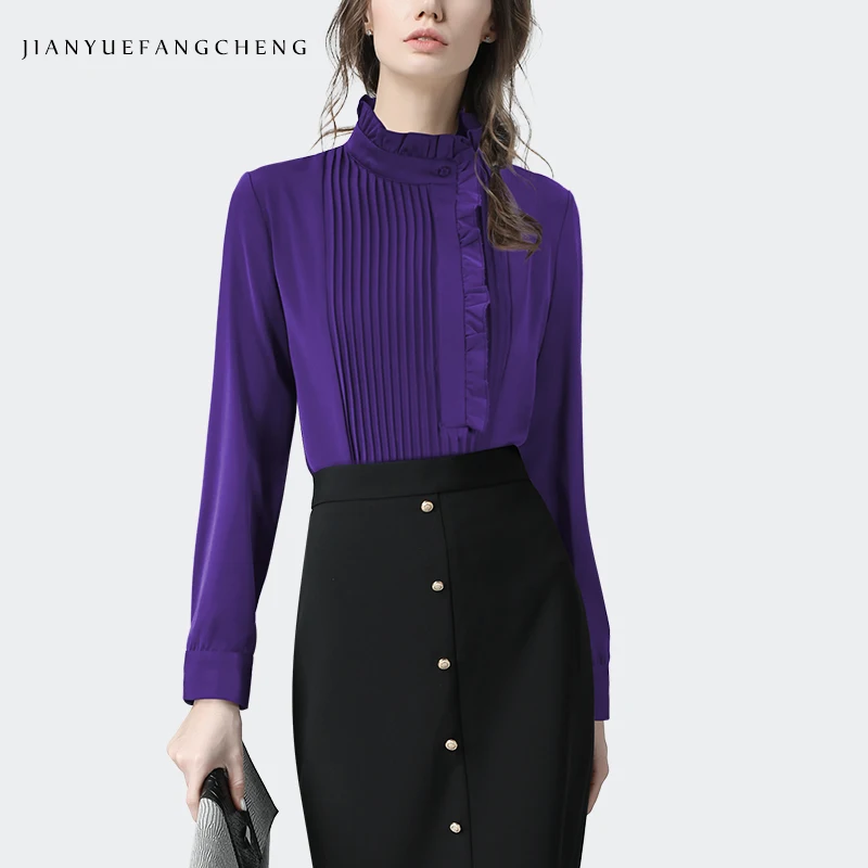 2024 Spring New Women\' Purple Ruffles Pleated Blouse Elegant Slim Long Sleeve Asymmetrcial Shirt Fashion Office Ladies Tops