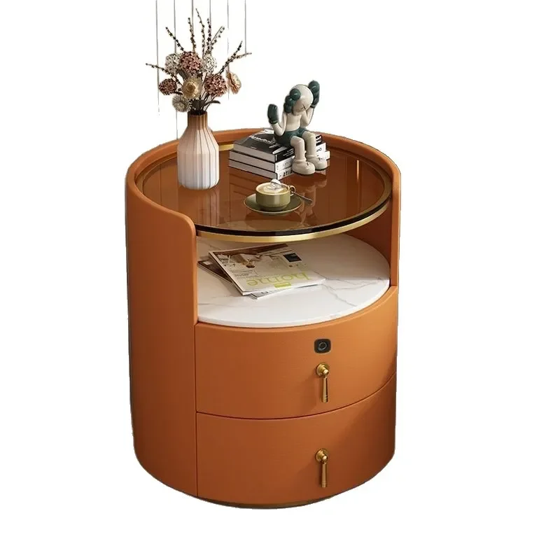Italian Round Stone Bedside Table Solid Wood Smart Fingerprint Password Safe Nightstand for Bedroom Storage
