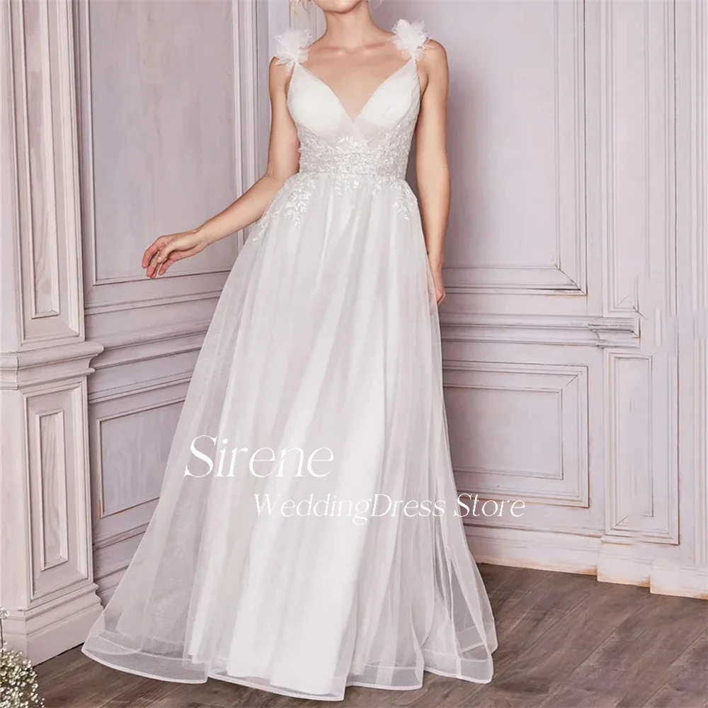 Sirene Sexy Lace Applique 3D Flowers Organza Wedding Dress A-line Deep V-neck Spaghetti Straps Floor Length Backless Bride Robes