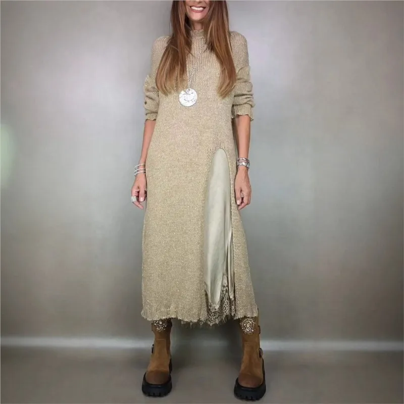 New Autumn Winter Lace Suspender Slit Sweater Skirt Two-piece Sets Women Casual O Neck Long Sleeve Patchwork Party Skirt Sets