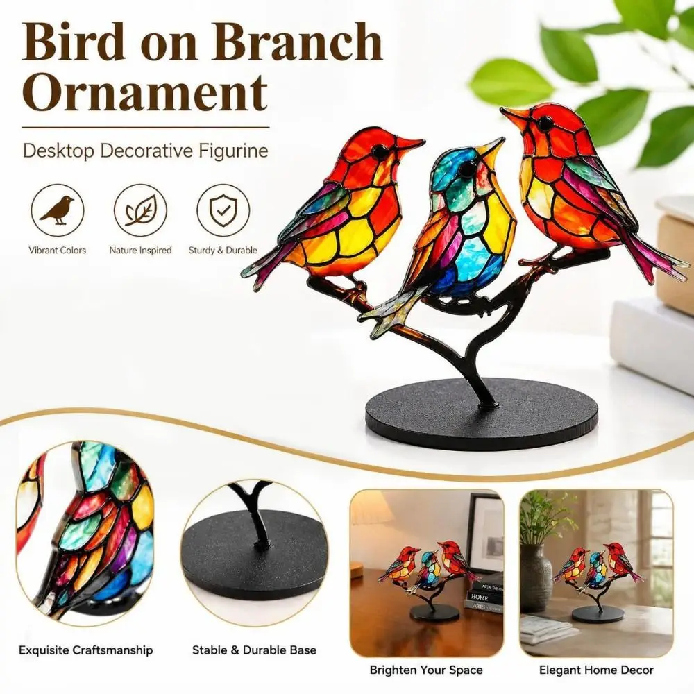New 2D Acrylic Bird Ornament Double Sided Smooth Surface Bird on Branch Ornament Branch Bird Decorative Bird Figurine Desk Decor