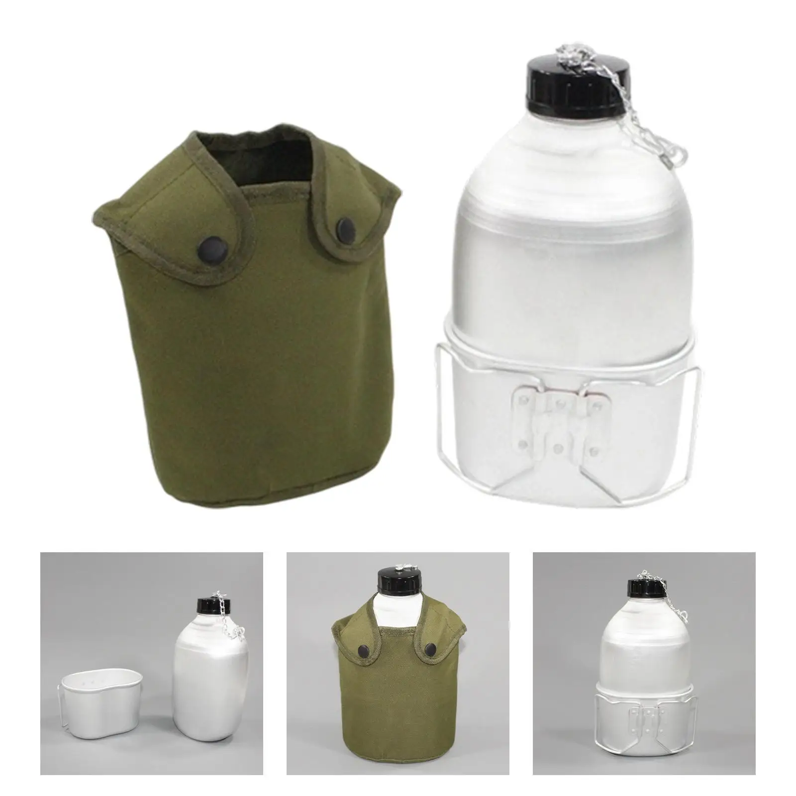 Botella de agua para acampar de 1L y taza de aluminio con bolsa de tela verde para actividades al aire libre, ligera