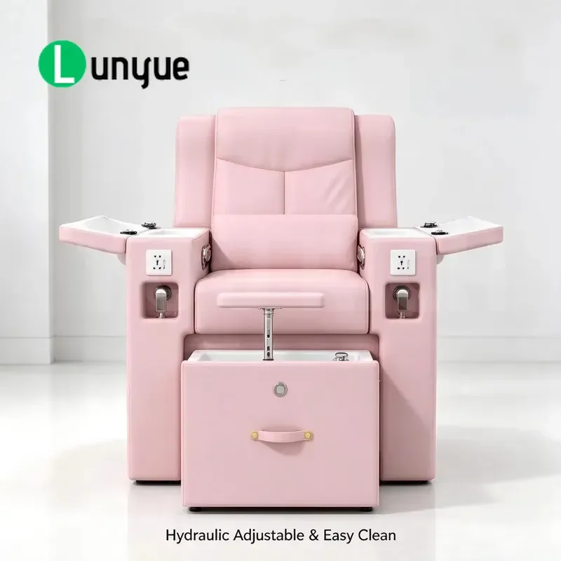 Pink Leather Pedicure Chair with Pull-out Foot Basin Manicure Table Side Table Socket for Nail Spa Furniture