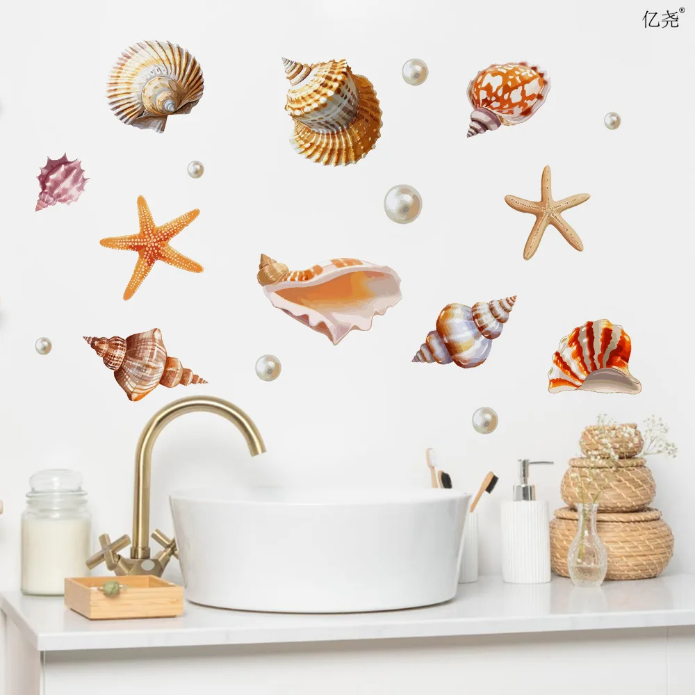 Cartoon Painted Seaside Seashell Wall Stickers Summer Theme Conch Sticker Children's Room Wall Stickers Mermaid Birthday Decor