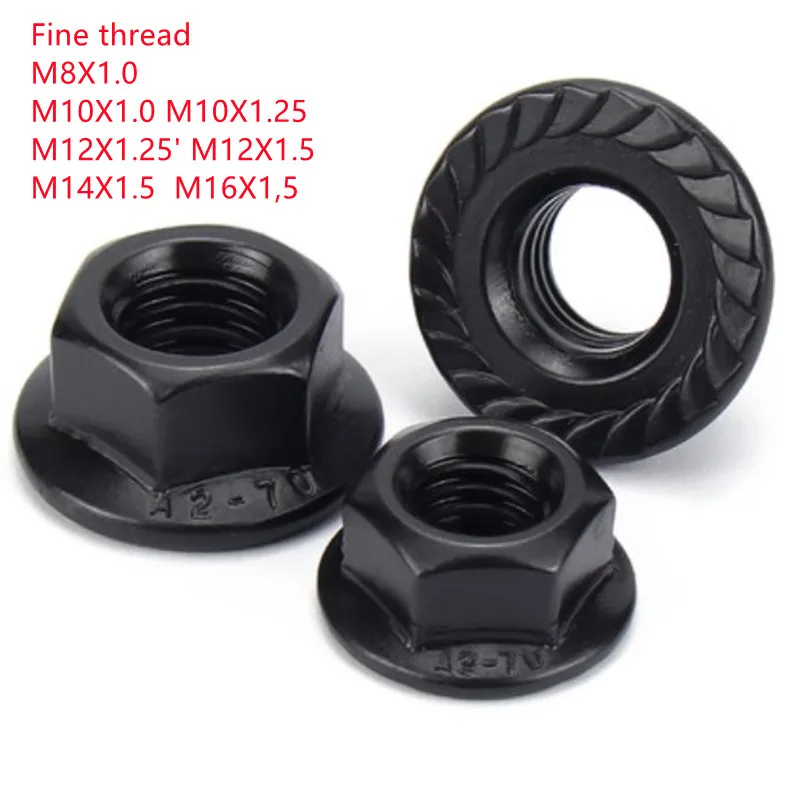 5-10pcs DIN6923 M8x1.0 M10x1.0 m10x1.25  M12x1.25 M12x1.5 M14X1.5  M16X1.5  fine thread Black Flanged Hex Nut