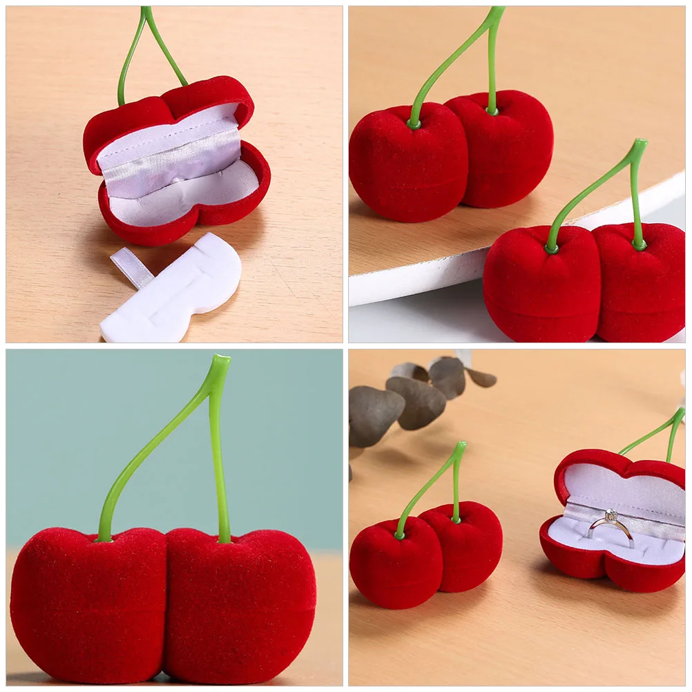 

2Pcs Cherry Jewelry Box Wedding Bride Flocking Earrings Storage Engagement Ring Case Valentines Accessories Holder
