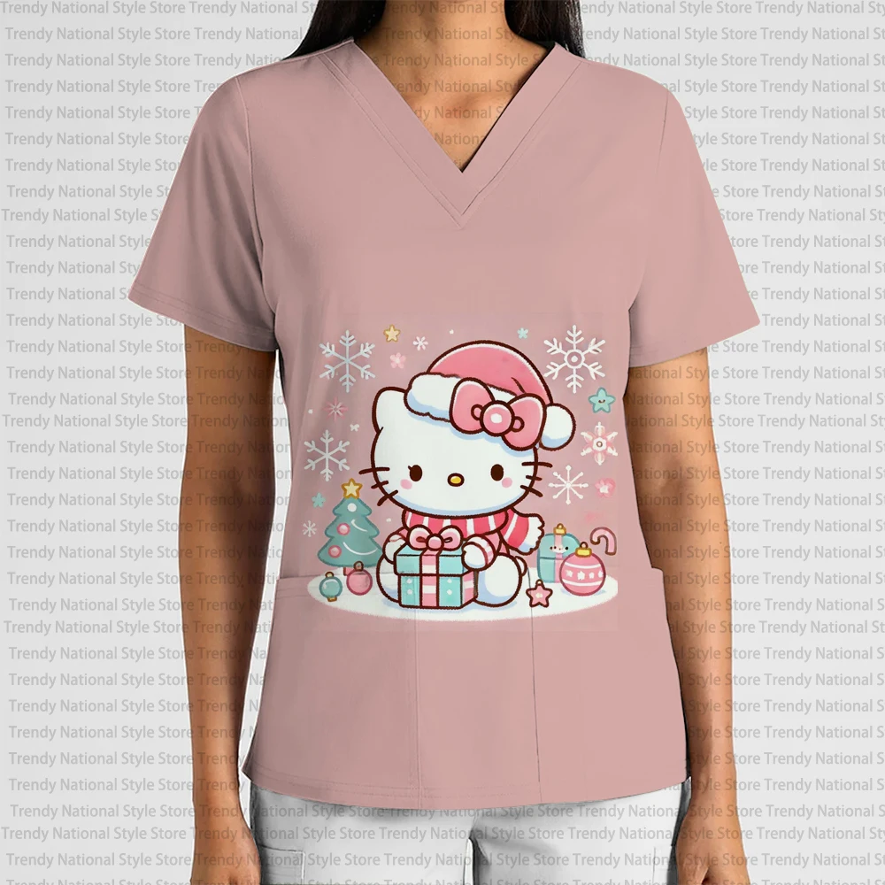 Nieuwe Zomer vrouwen Verpleegster Uniform V-hals Print Scrub Top Kerst Hello Kitty Dental Spa Dierenwinkel vrouwen T-shirt