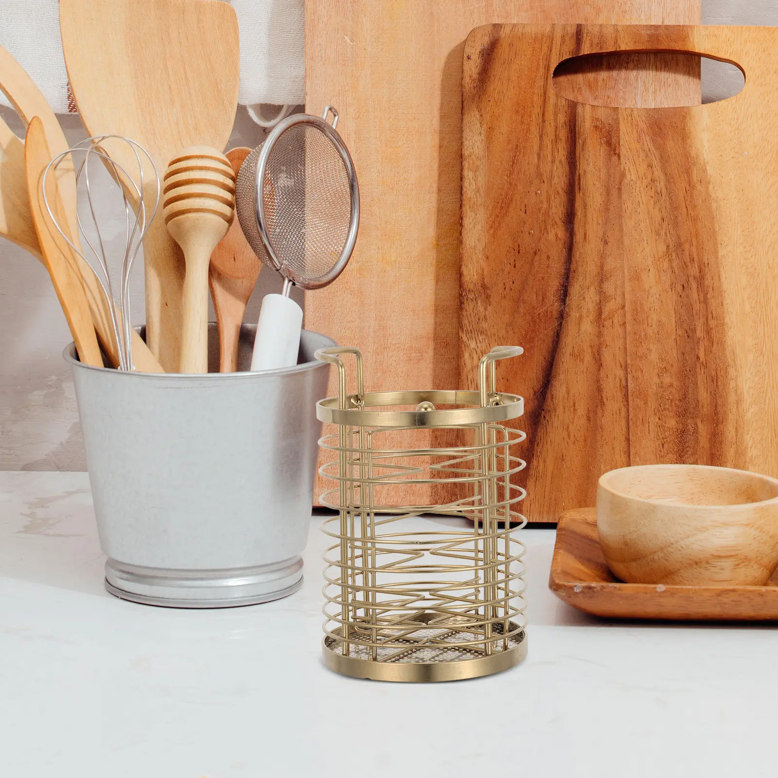 Gold Stainless Steel Kitchen Utensil Holder Rotating Mesh Organizer 4 Section Cutlery Caddy Flatware Storage Rack Kitchen