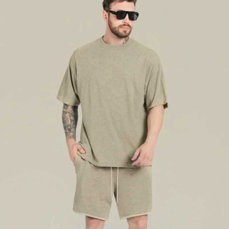 NEW Luxury Men's Short Sleeved High Street Solid Color High Neck Round Neck T-shirt Loose Pure Cotton Womens T-shirt Shorts Set