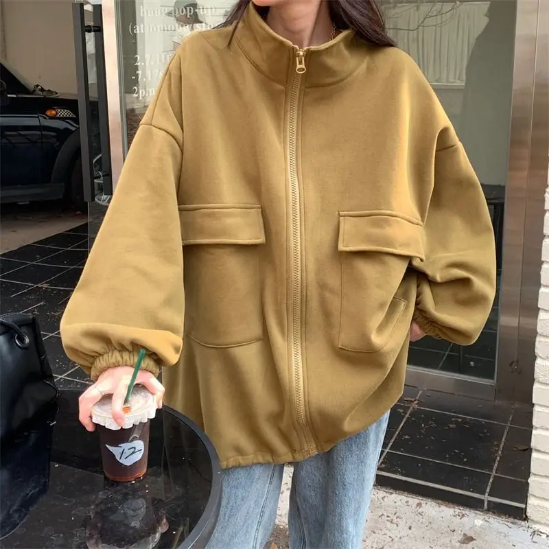 Modieuze Koreaanse Street Style Grote Zak Opstaande Kraag Cardigan Sweatshirt Jack Vrouwen Herfst Winter Y 2K Verdikte Top