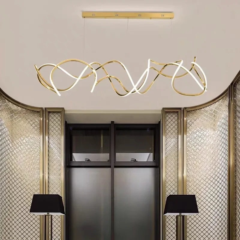 Modern Minimalist Stainless Steel Wave Decorative Lights Hotel Villa Design Model Room Irregular Light Luxury Chandelier New