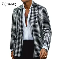 2024 Autumn Casual Suit Jackets Men Streetwear Fashion Houndstooth Print Blazer Jacket Coat For Mens Vintage Lapel Button Coats