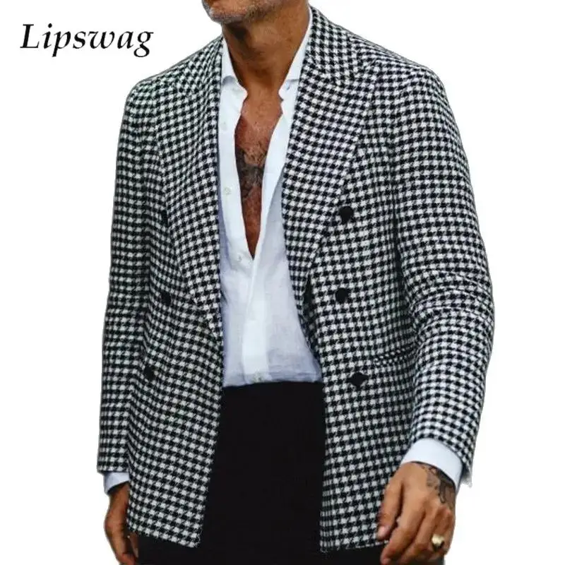 2024 Autumn Casual Suit Jackets Men Streetwear Fashion Houndstooth Print Blazer Jacket Coat For Mens Vintage Lapel Button Coats