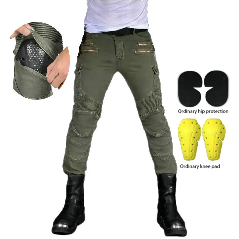Motorcycle Riding Jeans Loong Biker Motocross Little Slim Protection Pants Four Seasons Casual Cycling Protective Trousers Green