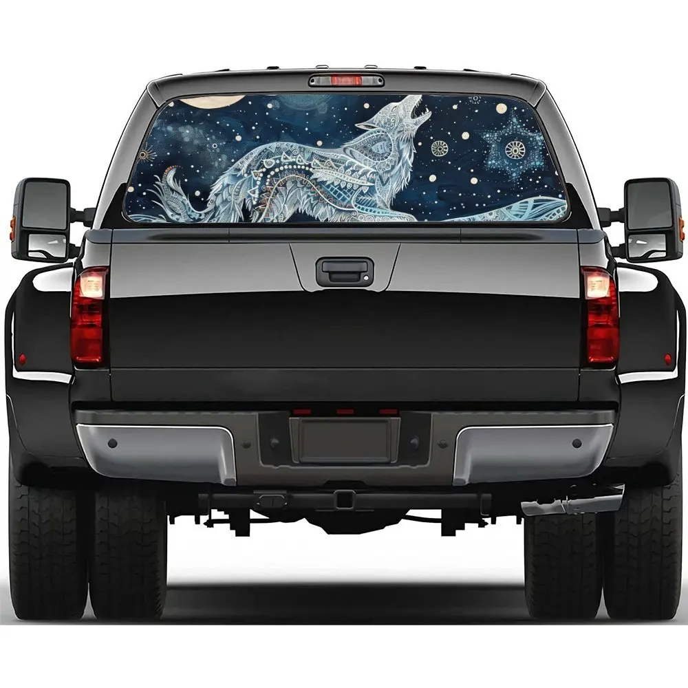 Anime Starry Sky Roaring Wolf Car Rear Windshield Sticker Truck Window See Through Perforated Back Window Vinyl Decal Decoration