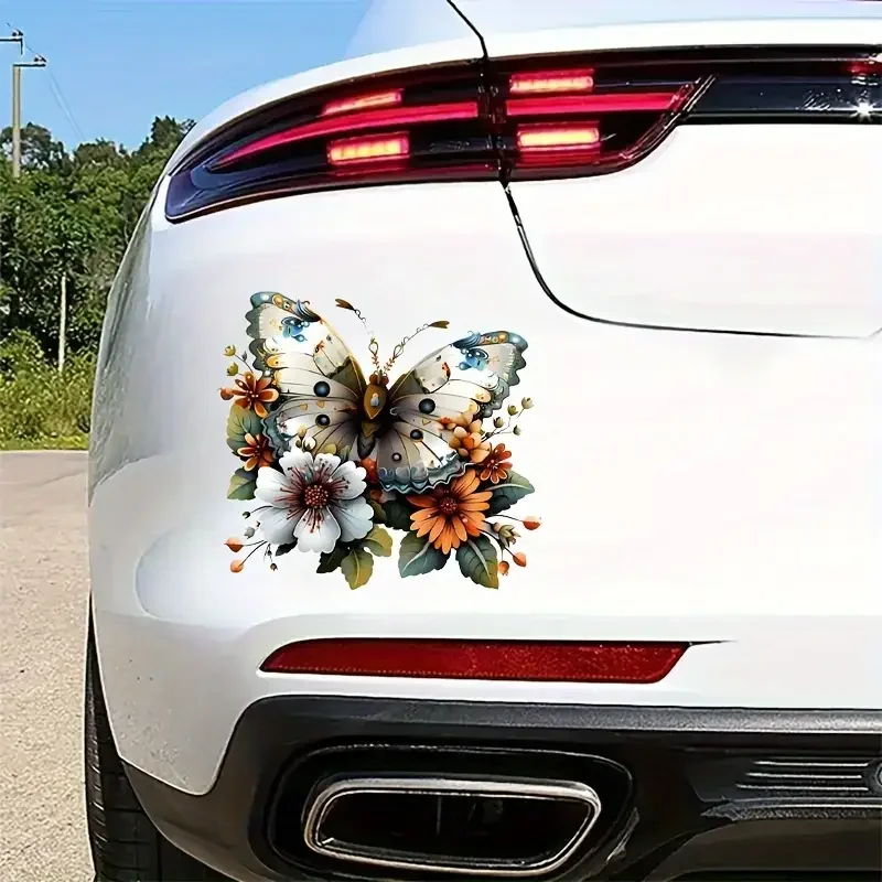Butterfly & Flowers Vinyl Decal, 6-inch Glossy Self-Adhesive Car Sticker - Animal & Plant Theme, Cartoon Style, for Glass, Metal