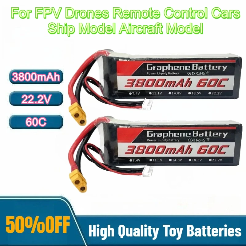 

60C 22.2V 3800mAh 6S Power Li-poly Battery for FPV Drones Remote Control Cars Ship Model Aircraft Model with XT60/90/TRX/T Plug