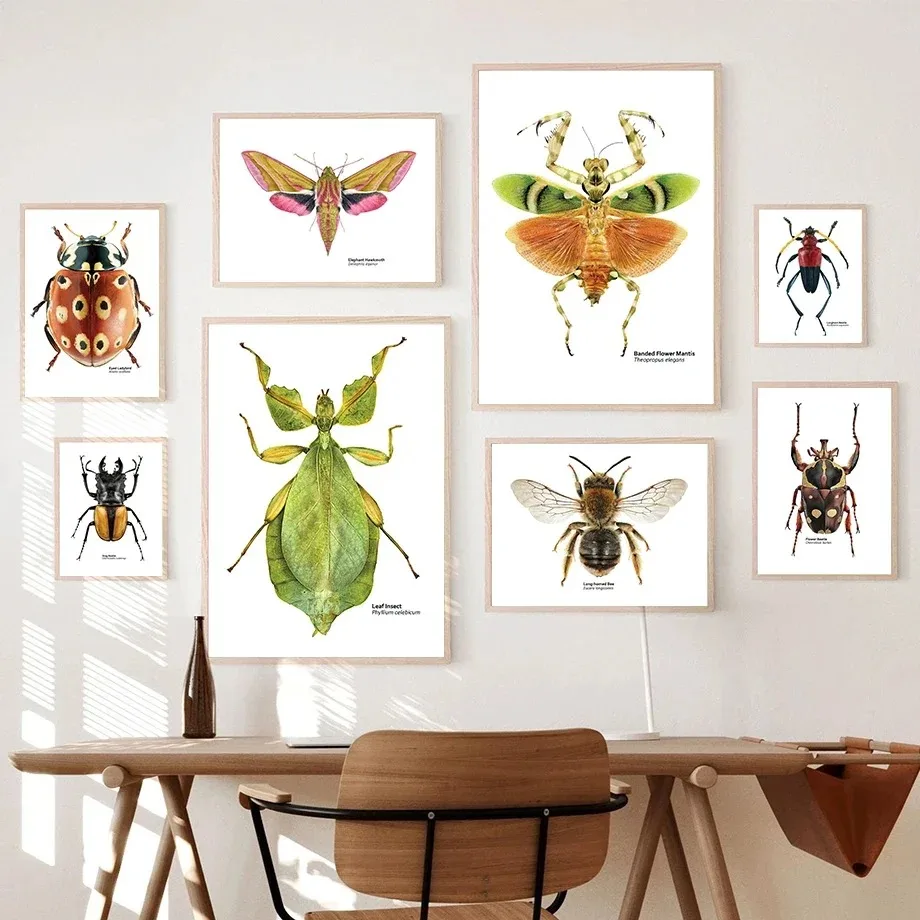 Leaf insect with flower mantis and ladybug wall art canvas painting, living room decorative wall picture