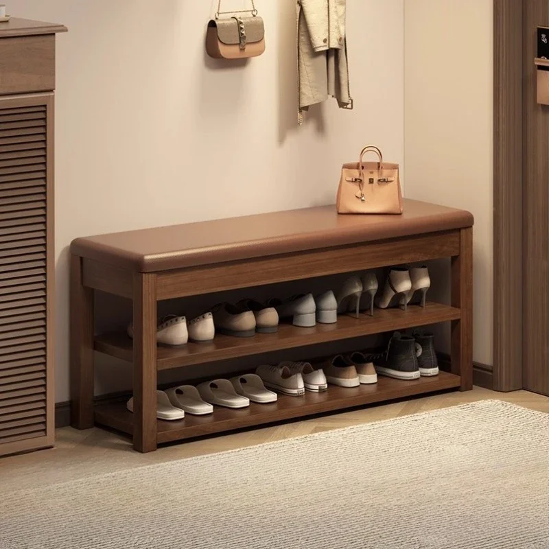 

Shoe changing stool, integrated stool at the door of the home, solid wood shoe rack against the wall, seated storage shoe stool