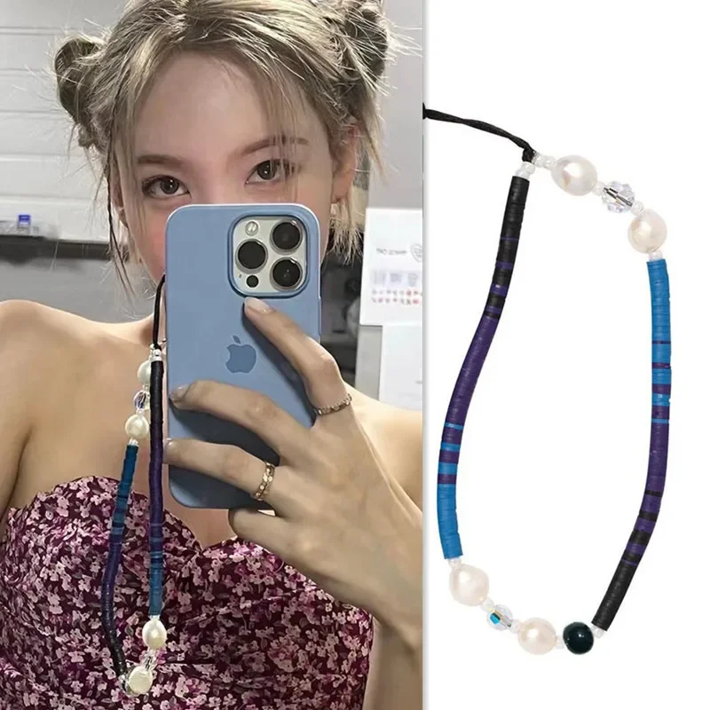 Immitation Pearl Phone Straps Blue Soft Pottery Chips Multicolor Crystal Cell Phone Rope Anti-lost Wrist Hanging Lanyard Chaine