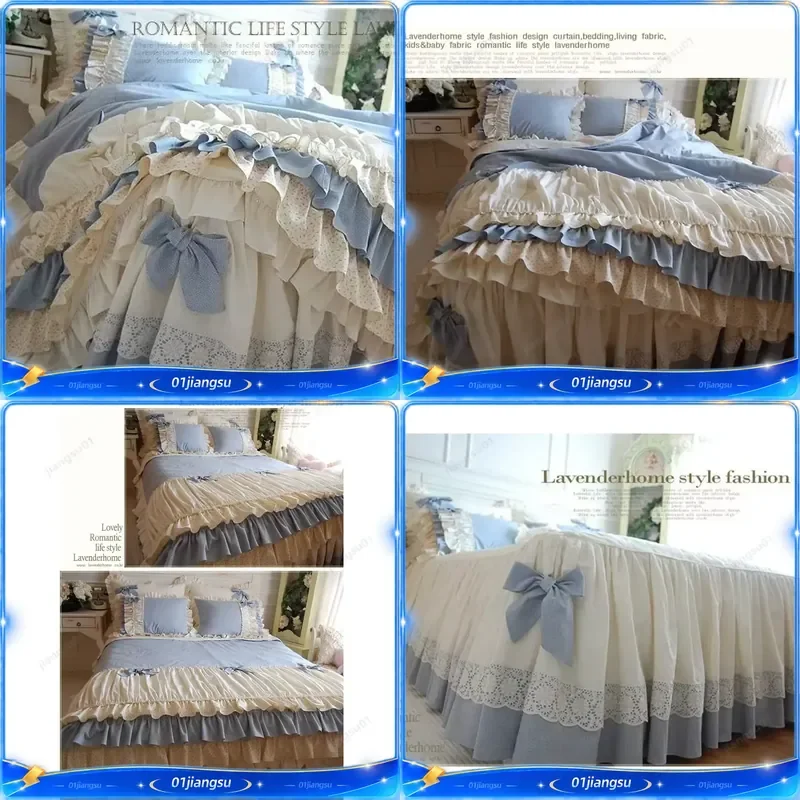 Luxury Egyptian Cotton Bedding Set Blue Plaid Duvet Cover with Lace Ruffle Bowknot Cake Layer Design Bed Skirt Pillowcases