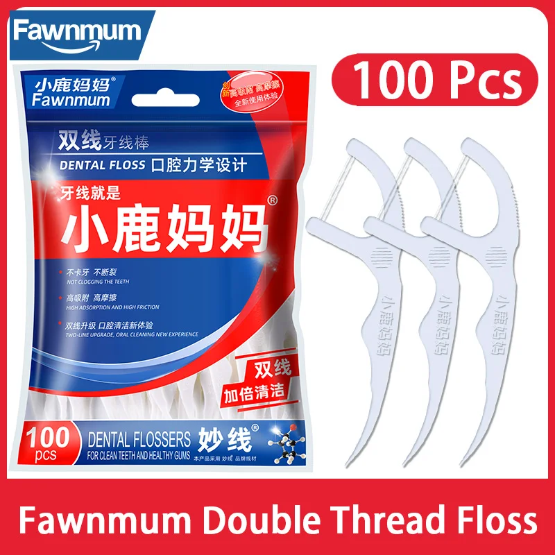 Fawnmum Classic Double Dental Floss 100 Pcs Teeth Cleaning Oral Hygiene Care Tooth Pick With Floss Interdental Picks